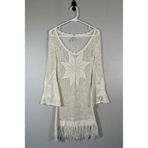 Poema Crochet Dress Womens Small Ivory Cover Up Festival Beach Boho Flare Sleeve